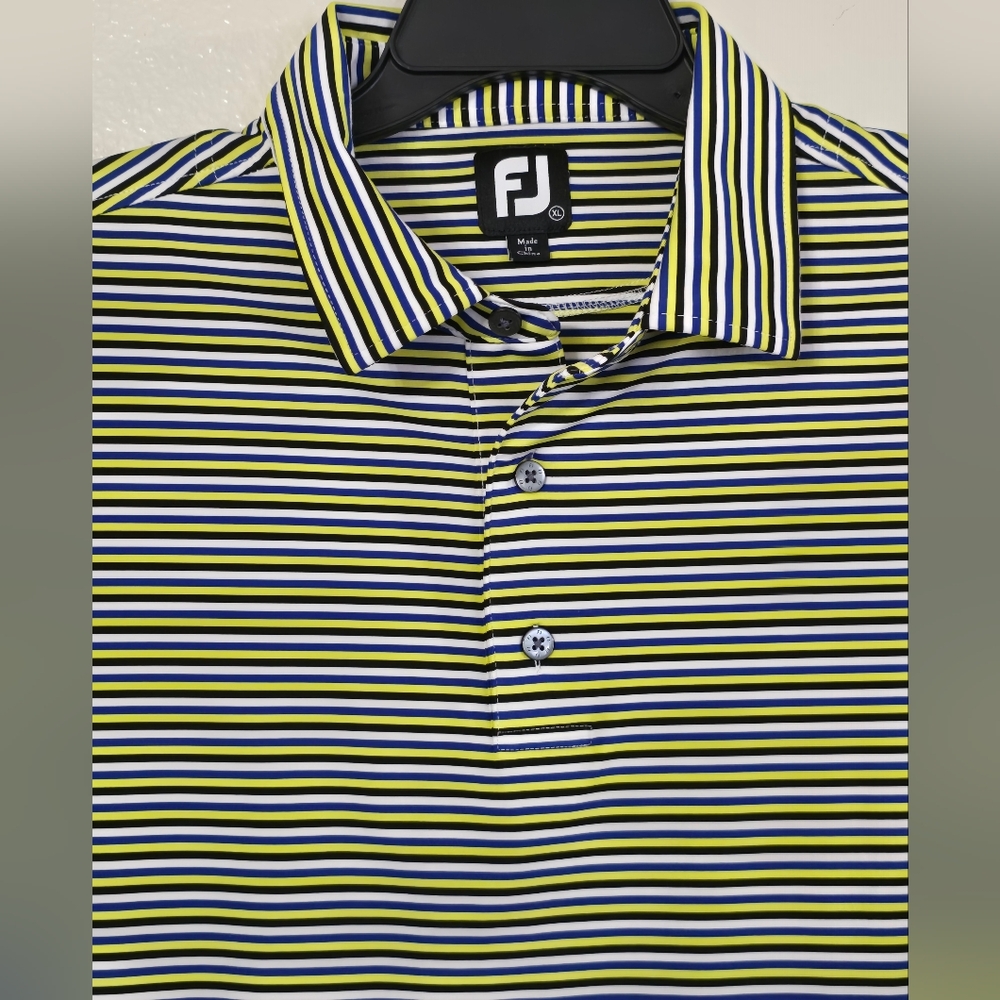 Footjoy Performance Golf Polo Men's XL Short Sleeve Blue Black Yellow Striped
